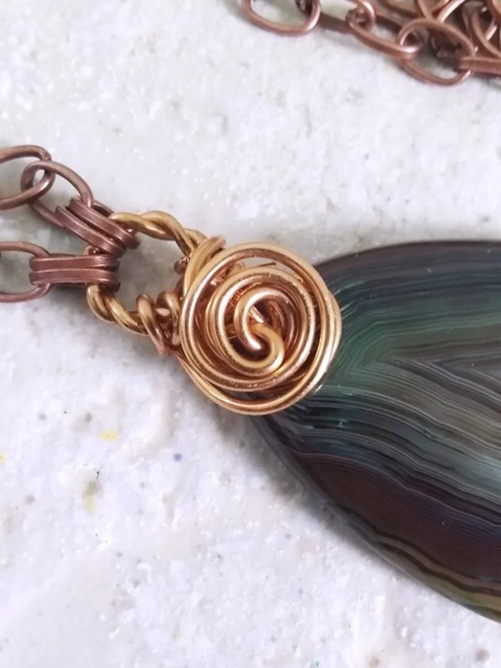 Earthy Muted Browns + Greens! Gorgeous Banded Agate Teardrop Pendant + Chain!